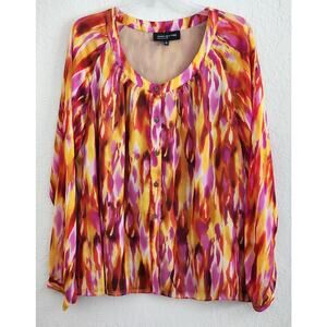 TOP/BLOUSE-JONES NEW YORK-Bright Watercolor Print-Sheer Sleeves-Lined-Size 12/LG